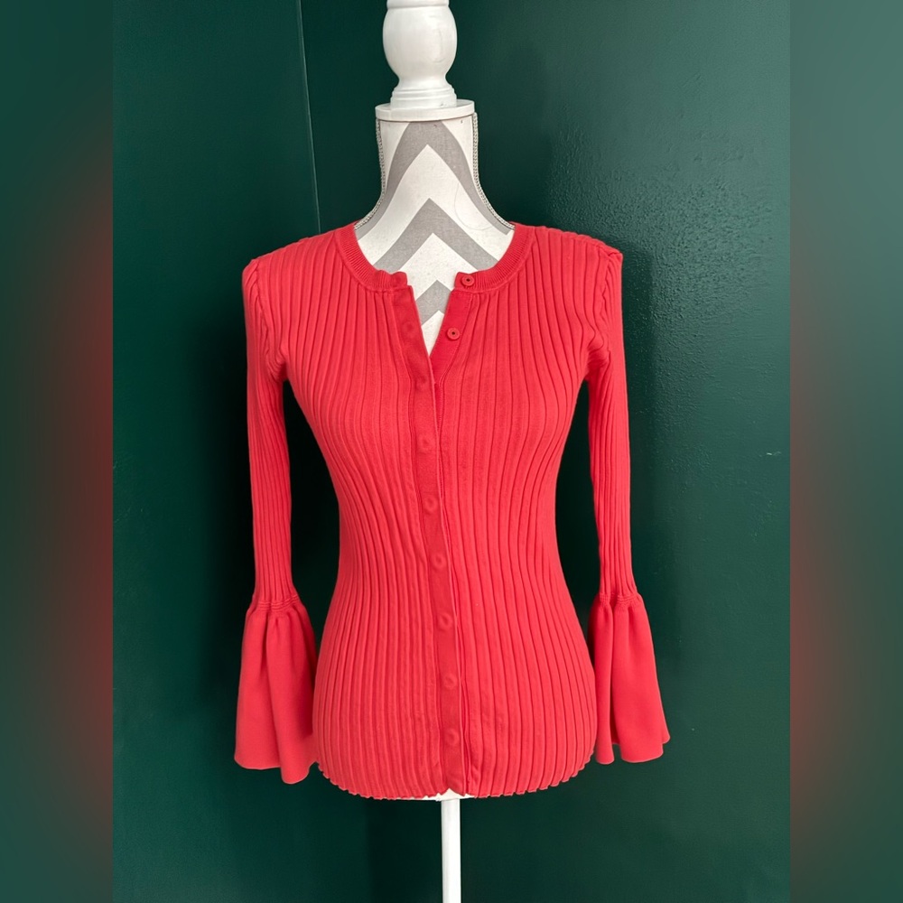 Cabi Women's Ribbed Red Button-Up Top (Red/Orange)